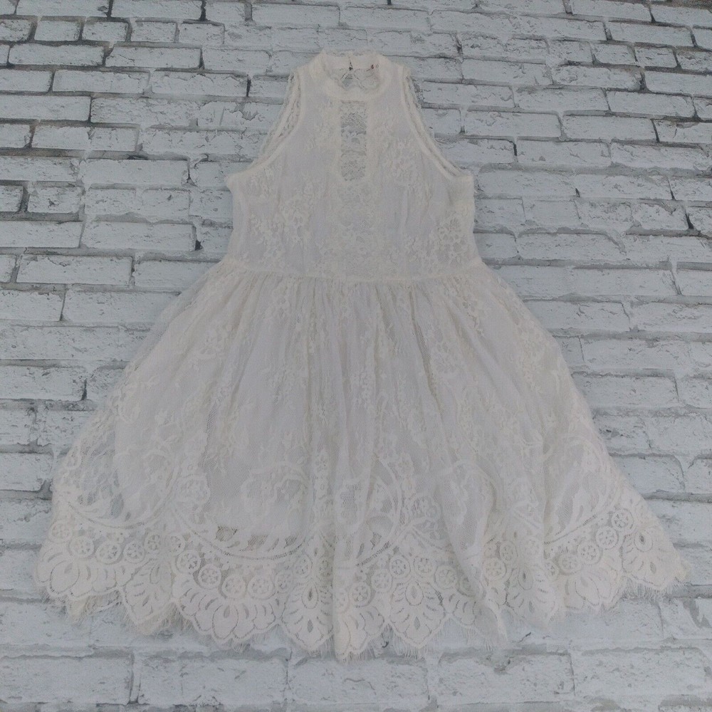Free People Dress Womens 4 Ivory White Verushka Halter Neck Sleeveless Lace Mini